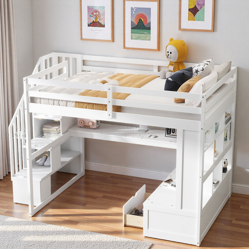 Lit mezzanine avec bureau, tablettes, 2 tiroirs intégrés et escalier de rangement, Blanc