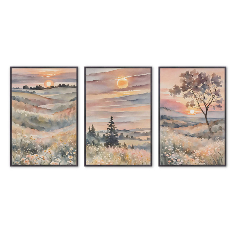 Coucher de soleil dans la vallée en fleurs, ensemble de 3 impressions, H 15,5 po x l 23,5 po x P 1,25 po