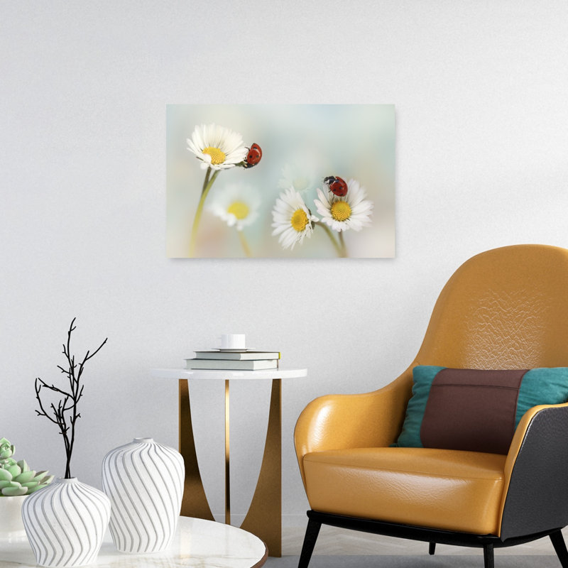 Red Ladybugs On Daisies Delicate Serene Abstract Ladybug Daisy Flower Nature Wall Art Print - Print, 40.64cm H x 60.96cm W
