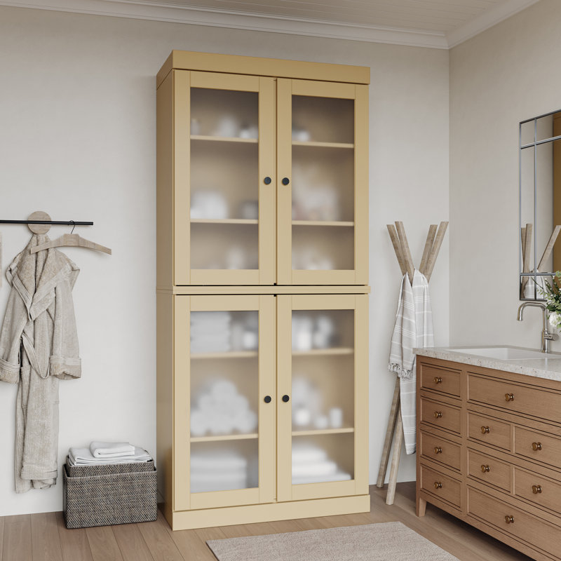 32" 100% Solid Wood Freestanding Bathroom Cabinet with Frosted Glass Doors & Adjustable Shelves – Modern Bathroom Storage