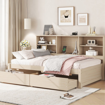 Twin Bed With Side Storage, Built-In , Natural Coloring Exquisite Shelves, Port, Tone