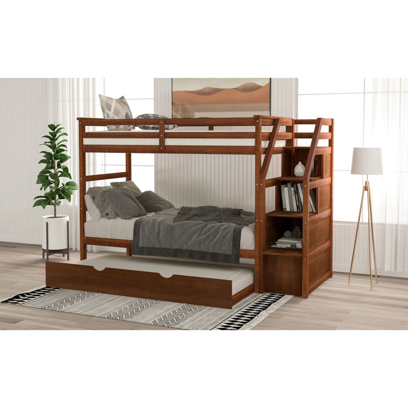 Lit simple superposé en noyer avec escalier de rangement fonctionnel Twintwin, Walnut