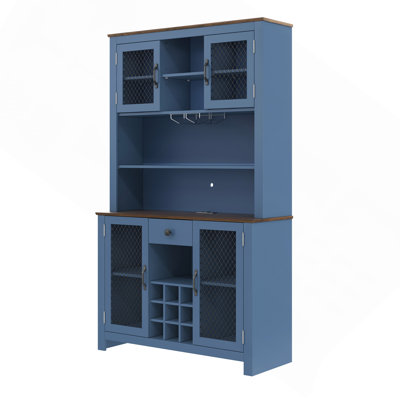 70.9" Tall Farmhouse Kitchen Pantry Cabinet with Power Outlets, LED Light, Wine Rack & Stemware Holder, Rustic Buffet Hutch