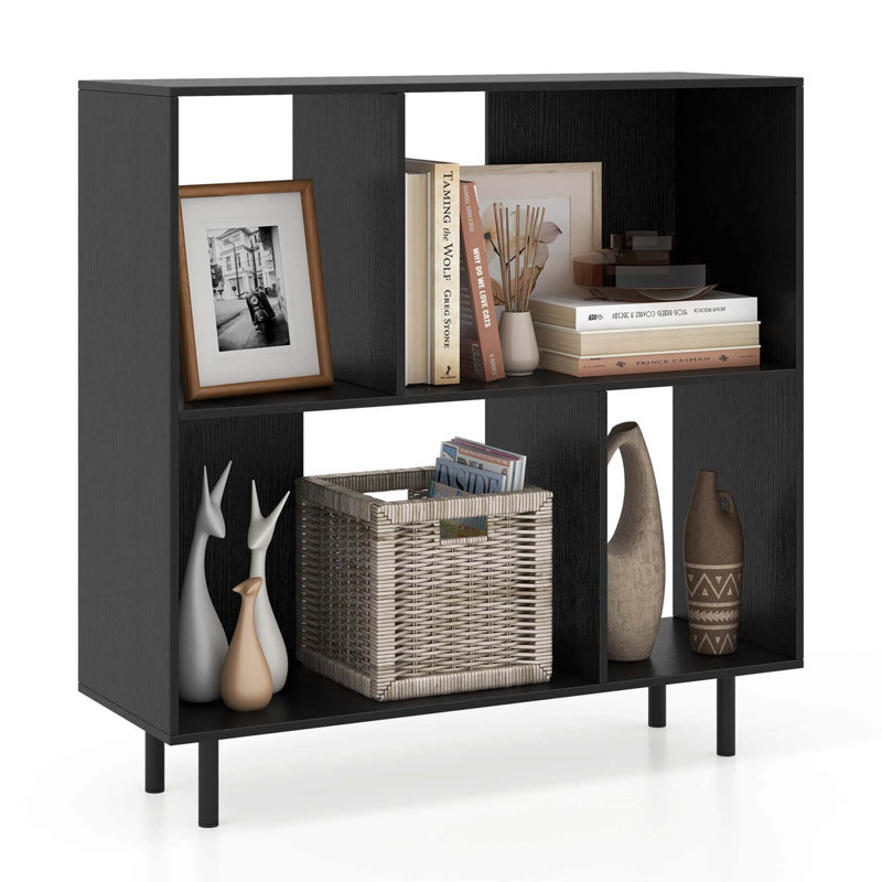 Open Shelf Bookcase Mid Century Modern Cube Bookshelf With 4 Compartments, Black