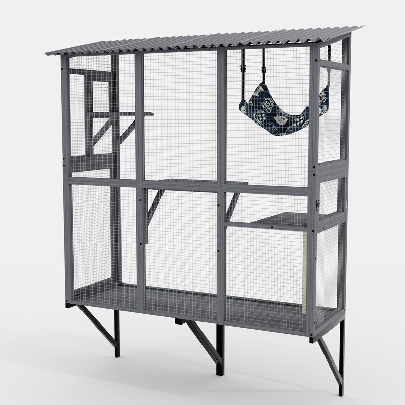 Fenêtre extensible pour plusieurs chats d'intérieur - Conception sécurisée et interactive, utilisation toutes saisons, grise, chatière de 61 po de profondeur avec 3 plateformes, 1 porte, assemblage facile, grands chats gris,