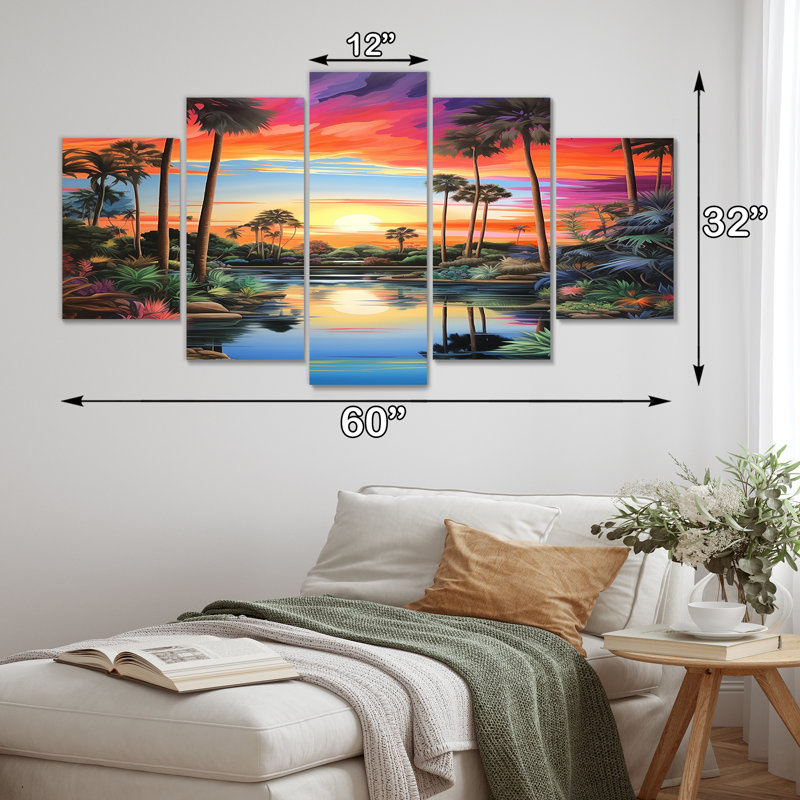 Coucher de soleil, oasis tropicale avec palmiers - ensemble d'art mural 5 pièces, H 32 po x l 60 po
