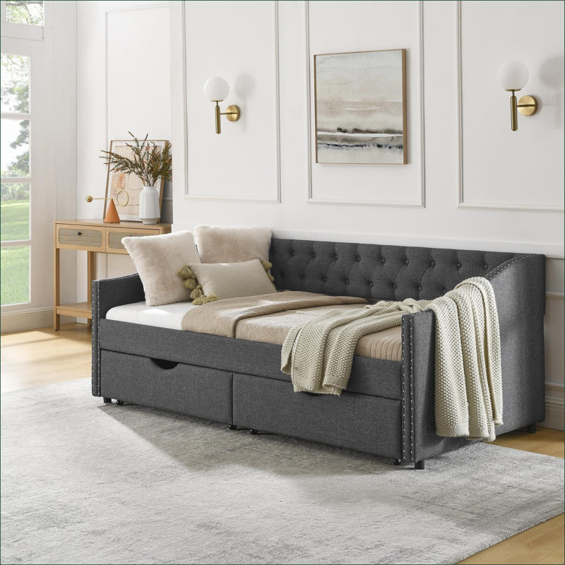 Sofas | Mid-Century Twin Tufted Upholstered Daybed Sofa with Storage Drawers, for Living Room Guest Room | Dark Grey | Linen