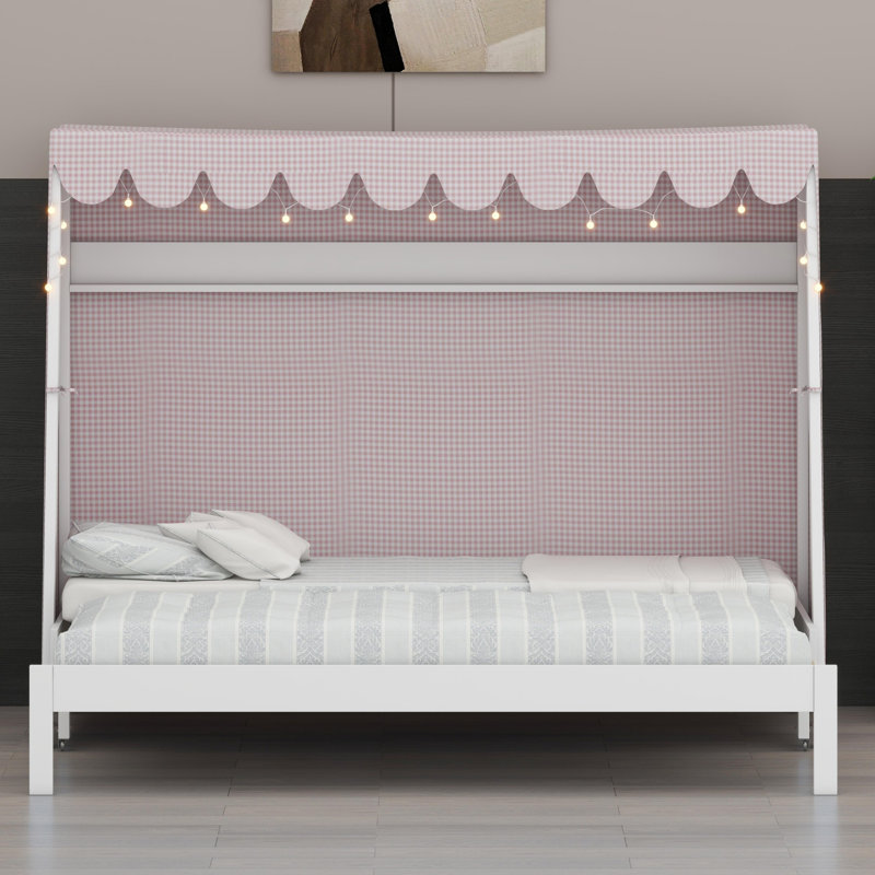 Lit en forme de maison avec lit gigogne escamotable, tente, tablette et lumière, White