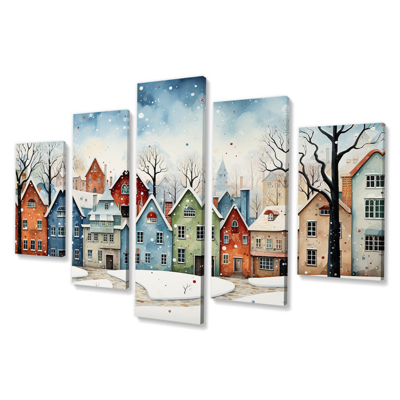  «Multicolor Frosty City In Winter I - Winter Landscape Multipanel Wall Art Decor Set