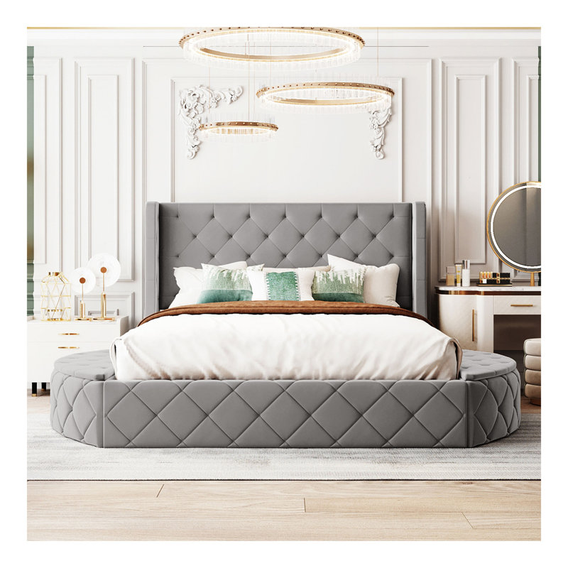 Lit plateforme tapissier en velours avec tête de lit à oreilles, 1 grand tiroir et 2 tabourets de rangement latéraux (gris)