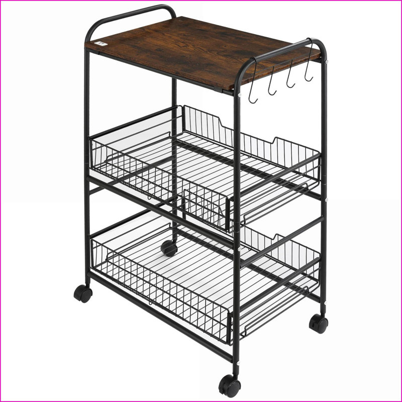 Chariot de cuisine avec rangement, support à micro-ondes sur roulettes avec 2 paniers et amp; Crochets, brun rustique | Bois aggloméré + métal
