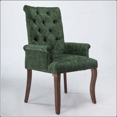 Chaise de salle à manger rembourrée en tissu de chenille avec pieds incurvés en bois massif, design capitonné élégant pour le confort et le style, vert olive
