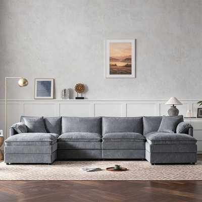Canapé modulaire en forme de U de 136 pouces en chenille avec sièges profonds, coussins doubles et repose-pieds mobiles pour plus de confort