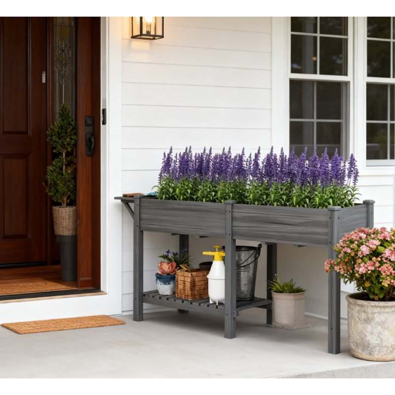 Lit de jardin surélevé spacieux, boîte de jardin surélevée en bois, avec table d'appoint, tablette inférieure, doublures de lit et trous de drainage