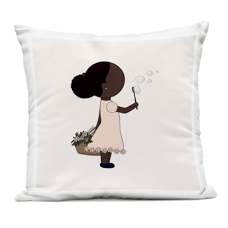 Conception de coussin d'extérieur «Girl with Bubbles» par Sierra Siler, Fille beige / brune
