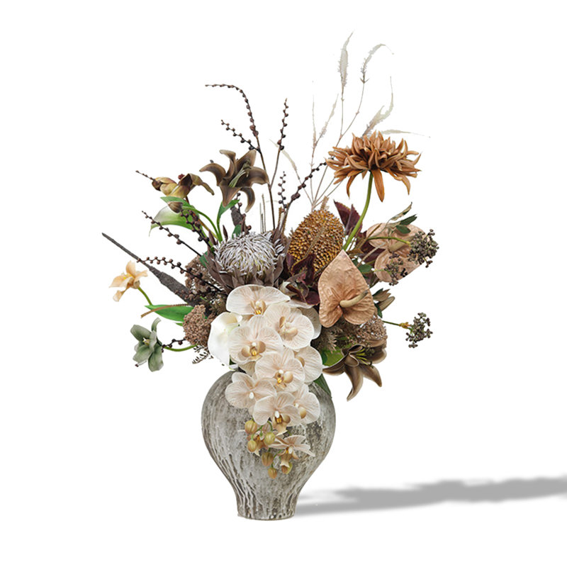 Arrangement floral Mid-Century en composite de style chinois, Beige, 33.46" H x 22.83" W, Brown