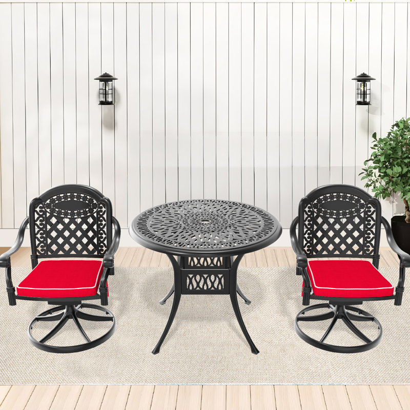 3 chaises de salle à manger en fonte d'aluminium toutes saisons, 2 chaises pivotantes et une table ronde de 35,43 po, noire, résistante aux intempéries, assise confortable et coussin de véranda, coussins de siège
