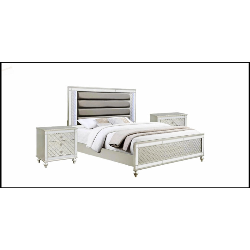 Table de chevet à 2 tiroirs Glam avec façades à motif de losanges et décorations en miroir