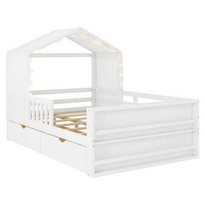 Structure de lit House avec tente amovible et lumière, lit pour enfant avec 2 tiroirs de rangement et bibliothèque