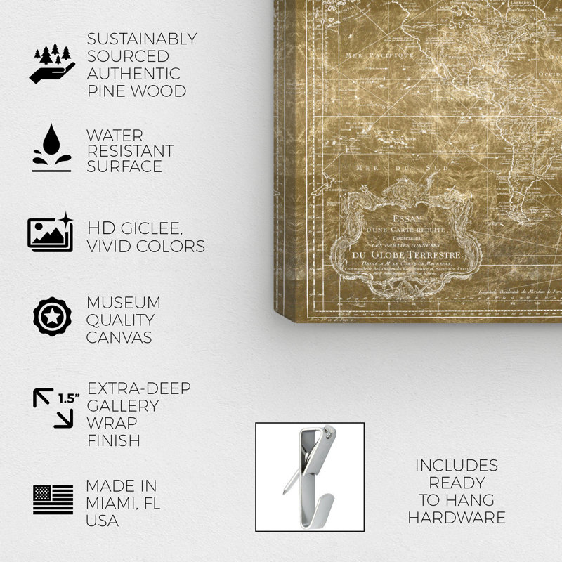 « world map gold », impression sur toile, H 30 po x l 45 po x P 1,5 po