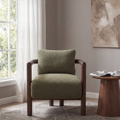 Hendrix Organic Modern Upholstered Accent Chair with Curved Solid Rubberwood Frame and Architectural Back Design for Living Room, Bedroom & Reading Nook