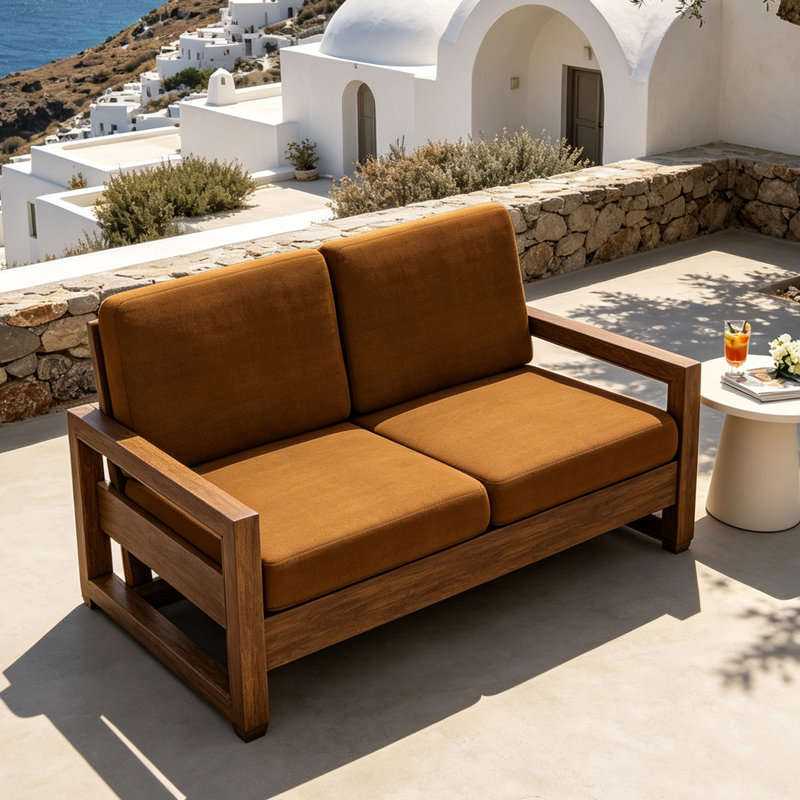 Causeuse d'extérieur en bois de teck massif Gustina avec coussin et accoudoirs, Light Brown, Bois naturel