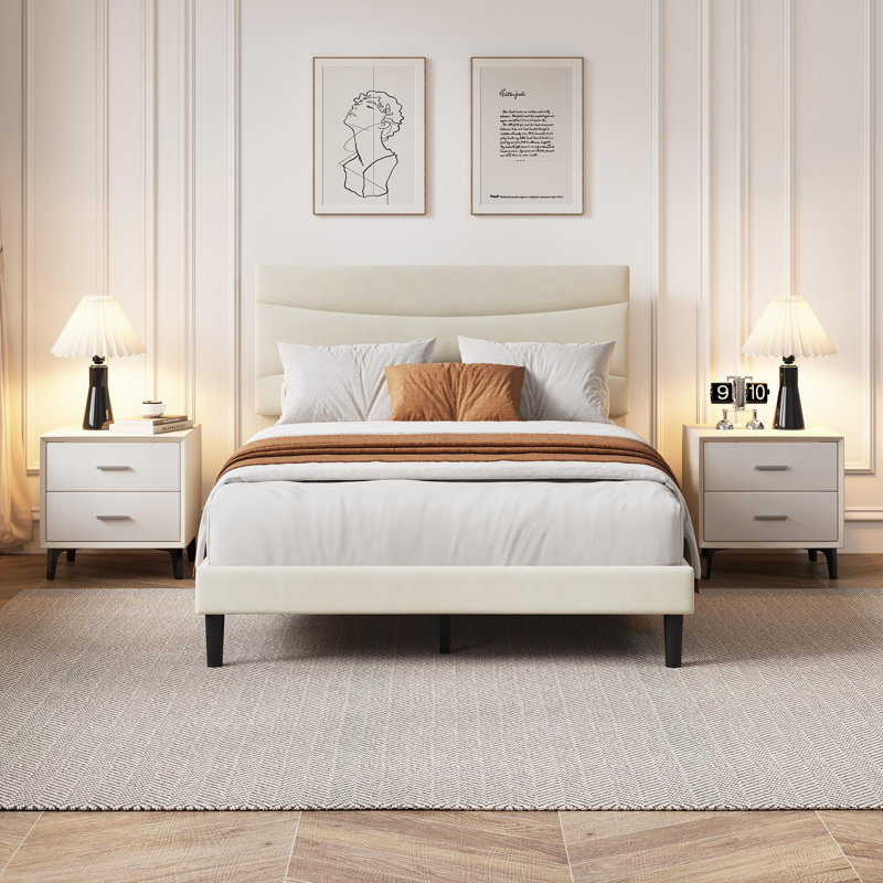 Structure de lit tapissier moderne, tête de lit rembourrée douce, support de lattes en acier robuste, Beige, Lit double