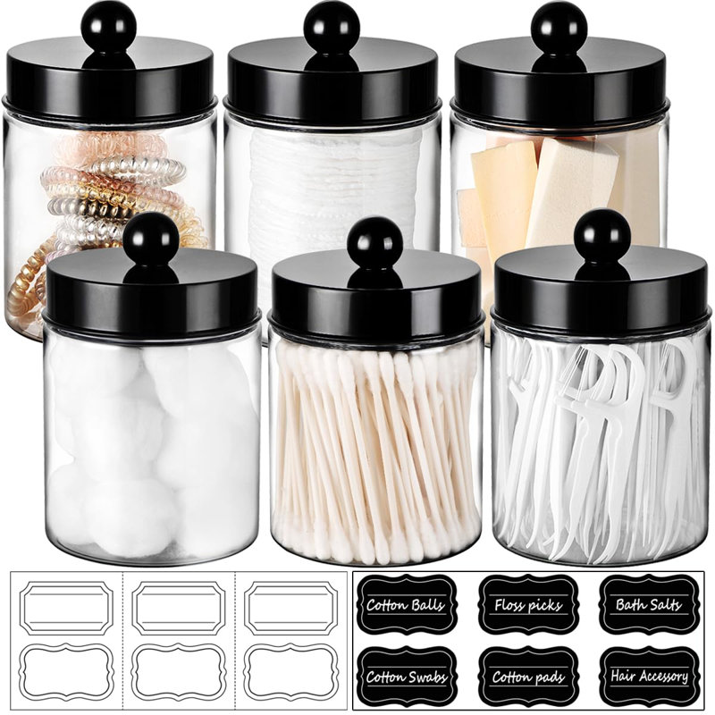 Distributeur de cotons-tiges en coton, contenants d'apothicaire en plastique de 8 oz pour le rangement du comptoir de maquillage, ensemble d'accessoires de boîte de bain, paquet de 6