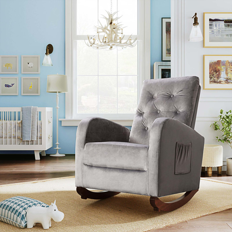 Fauteuil berçant à haut dossier Chrisann, Velours gris