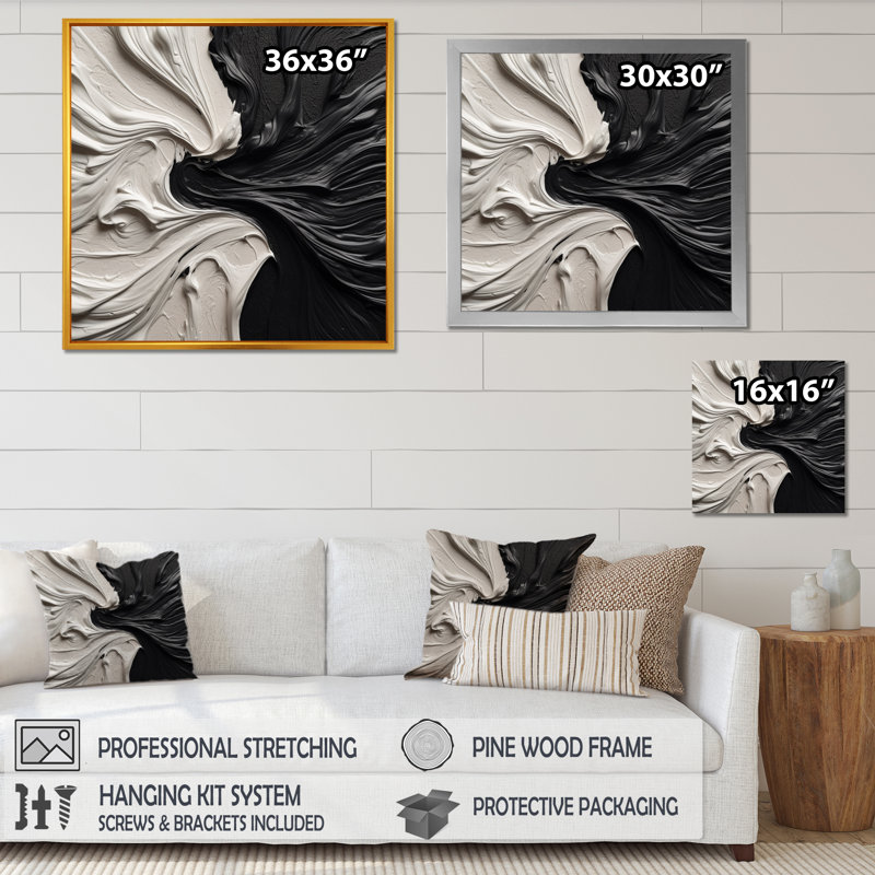 Impression sur toile géométrique abstraite noir et blanc marbré Dreamscape III, H 30 po x l 30 po x P 1 po, Cadre photo noir