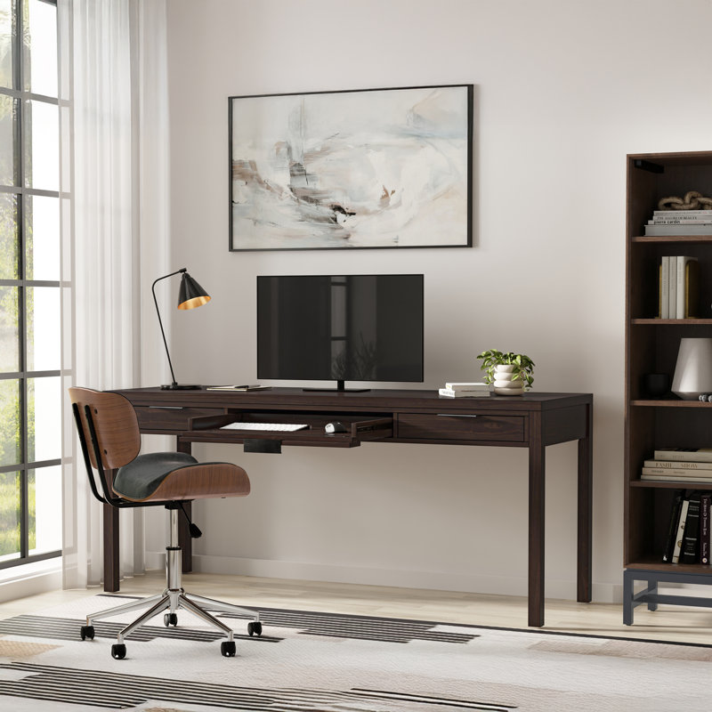 Hollander 72"W Solid Wood Wide Desk, Contemporary Style with Keyboard Tray and 2 Side Drawers