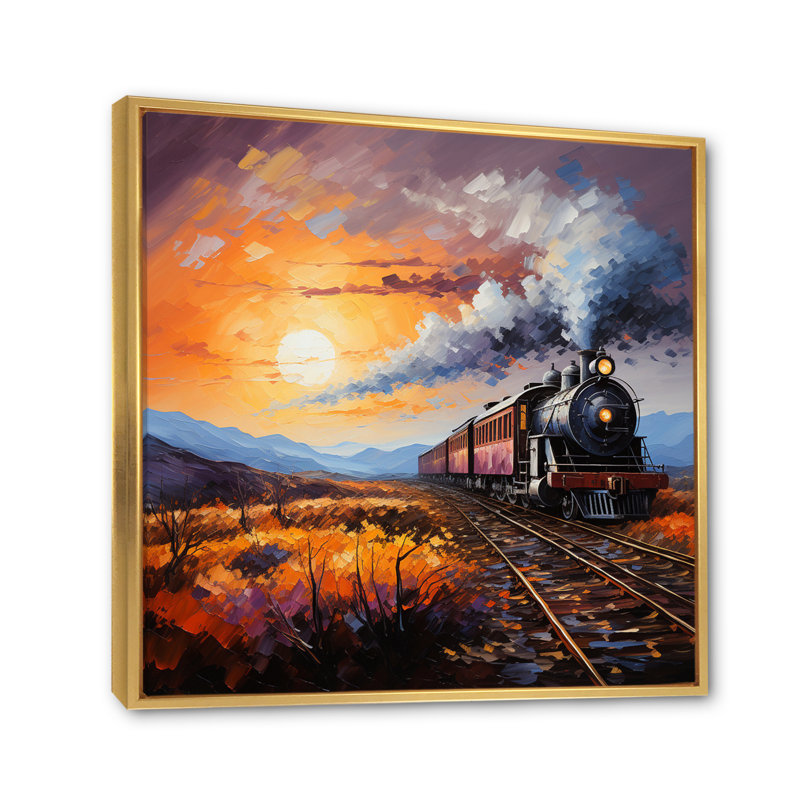 " Abstract Train Sunset Express Pointillism I ", Gold Floater Framed, 36" H x 36" W x 1.5" D
