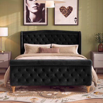 Structure de lit tapissier en velours pour grand lit, cadre de lit plateforme avec tête de lit et pied de lit courbé capitonné, support de lattes en bois, aucun sommier nécessaire, noir