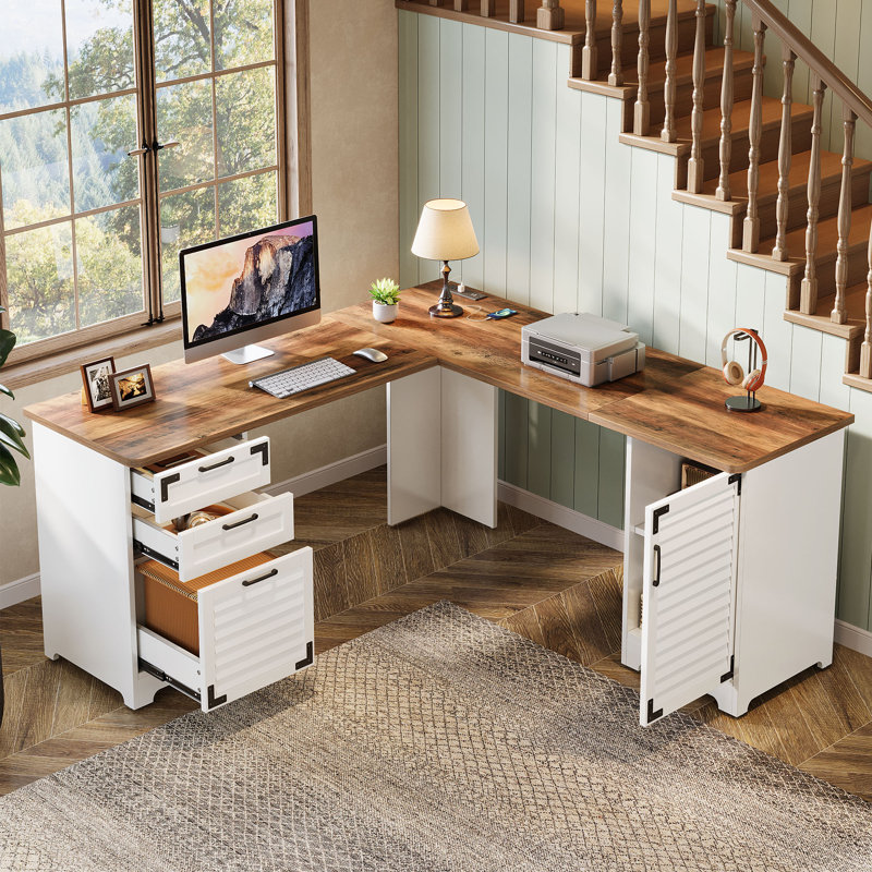 L Shaped Computer Desk with Power Outlets, Farmhouse Corner Desk with Drawers, L Shaped Executive Office Desk