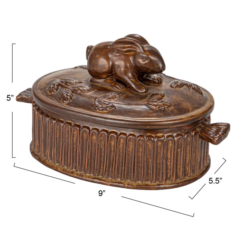 Large Matte Brown Stoneware Baker with Rabbit Design