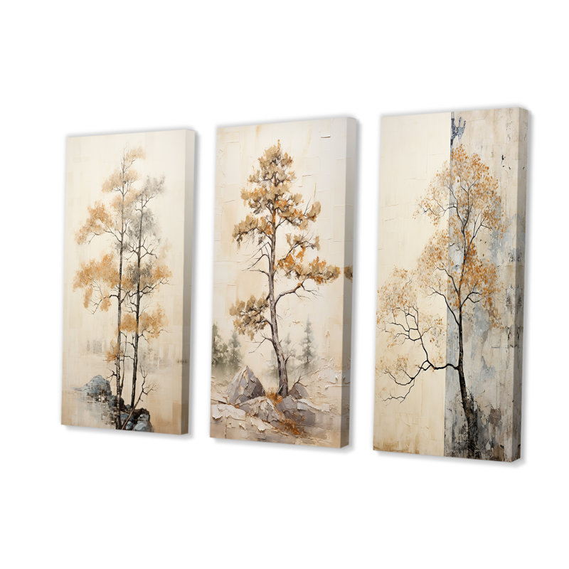 Beige Tree Pine Tranquillity - Tree Pine Canvas Prints Set Of 3, 28" H x 36" W, Wrapped Canvas