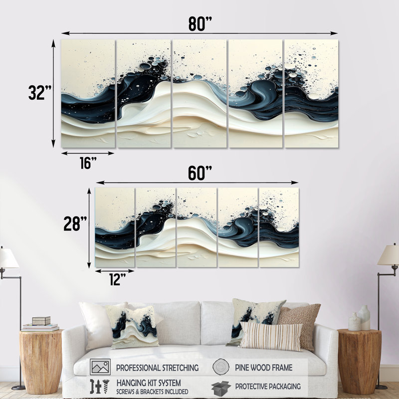 Vague noire et blanche, rythme rythmique de la rivière V, H 28 po x l 60 po, 5