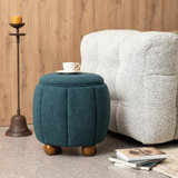 Modern Boucle Upholstered Storage Ottoman Or Accent Stool With Rubberwood Ball Feet
