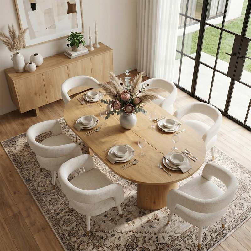 Ensemble de table de salle à manger ovale 79 po avec 6 chaises rembourrées Modern, Beige
