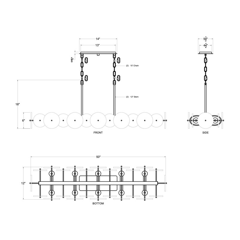 Luminaire suspendu linéaire 10 lumières Cosmos, Doré havane
