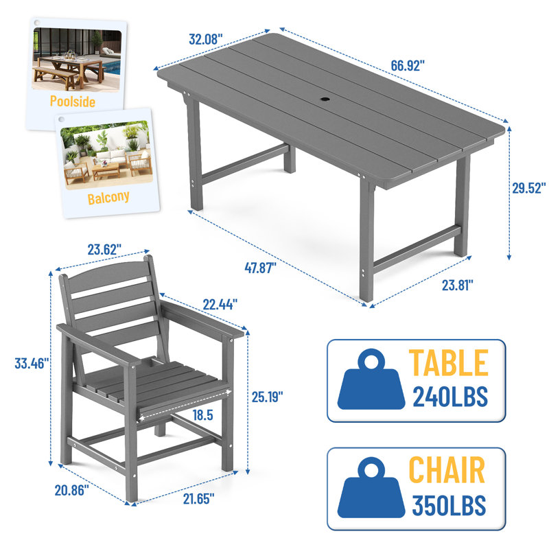  Ensemble de salle à manger rectangulaire pour 6 personnes avec 6 chaises, ensemble de table de salle à manger en PEHD, Gris