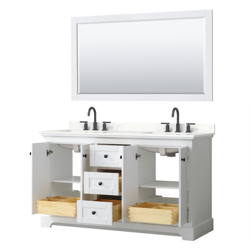 Meuble-lavabo double autoportant 60 po avec plateau en quartz et miroir Avery, Quartz Giotto, Blanc, Noir mat