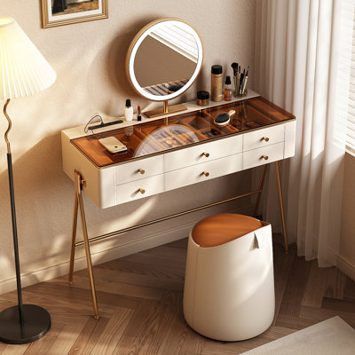 High-quality makeup vanity, Saddle Grain Faux Leather Finish, Tempered Glass top,LED mirror,Built-in Outlet,6 Drawers,very easy to assemble
