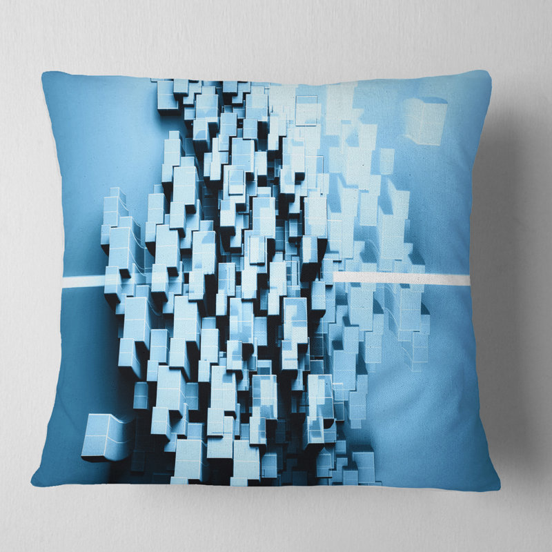 Motif fractal bleu en cubes 3D - coussin abstrait imprimé, 16 po x 1 po, Coussin décoratif