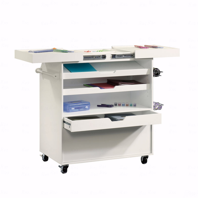  White Traditional Craft Tool Cart with Wheels – Adjustable Shelves, Drawers, and Metal Baskets for Wrapping & Crafting