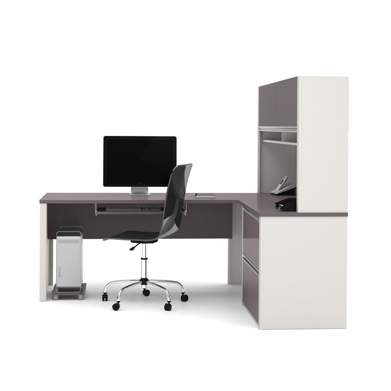 Bureau en L réversible avec rehausse Aurea, Ardoise / Grès