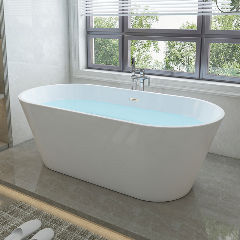 Iris 59" x 29.5" Freestanding Soaking Acrylic Bathtub, White/Brushed Nickel