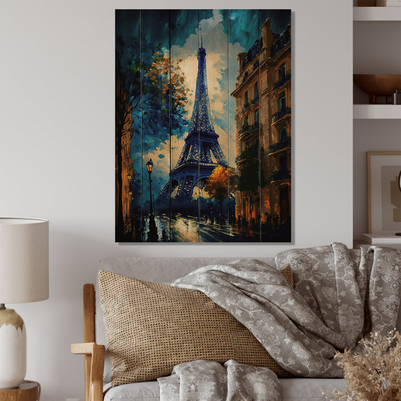 Tour Eiffel bleue en automne Tour Eiffel bleue en automne - impression sans cadre sur bois, H 20 po x l 12 po x P 1 po