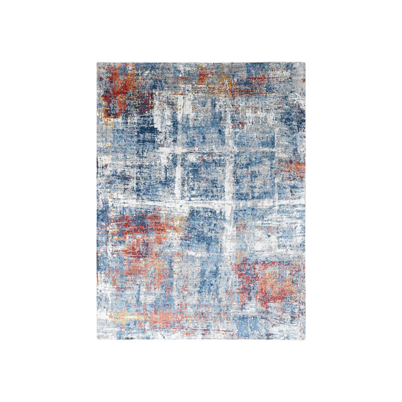 Tapis oriental bleu en soie noué à la main 8 pi 9 po x 11 pi 7 po - MOA10210213