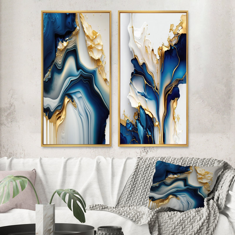 Géode abstraite, marbre doré et bleu - Ensemble d'art mural encadré en marbre abstrait, H 40 po x l 40 po, Doré